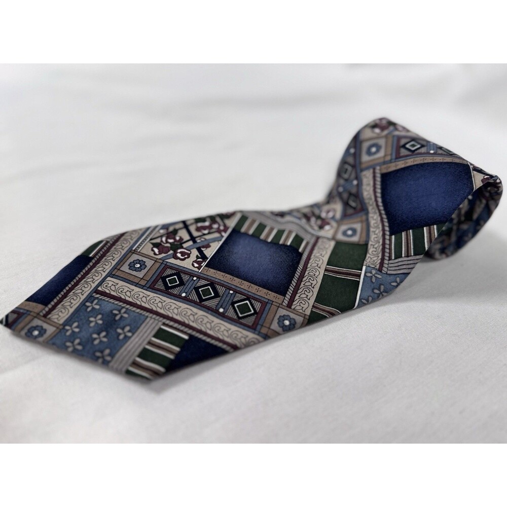 Vintage Botany 500 100% Silk Geometric Tie, Blue Green Beige Burgundy Necktie